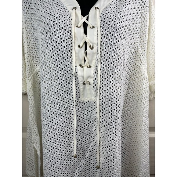 Catherines Top Women Plus Size 1X 18/20W Short Sleeve Ivory Knit Lacey Top Sheer - Picture 7 of 9